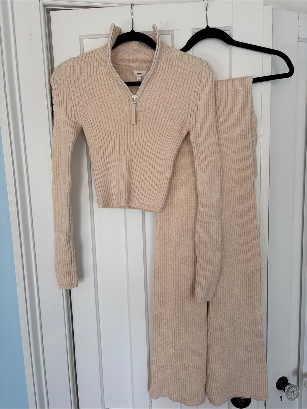 aerie Ribbed Wide-Leg Knit Pants & Zip Pullover Set in Cream